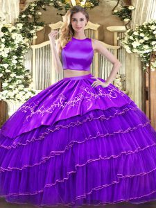 Sleeveless Criss Cross Floor Length Embroidery and Ruffled Layers Quinceanera Gowns