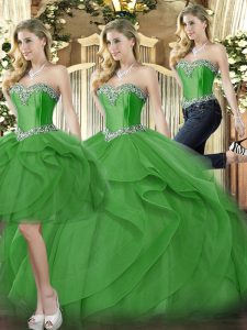 Organza Sweetheart Sleeveless Lace Up Beading and Ruffles Quinceanera Gowns in Green