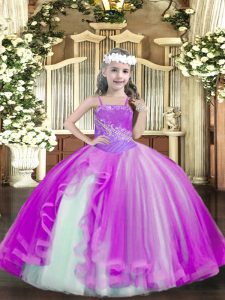 Stylish Fuchsia Ball Gowns Straps Sleeveless Tulle Floor Length Lace Up Beading Pageant Dress Wholesale