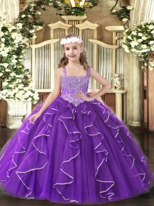 Straps Sleeveless Custom Made Pageant Dress Floor Length Beading and Ruffles Purple Tulle
