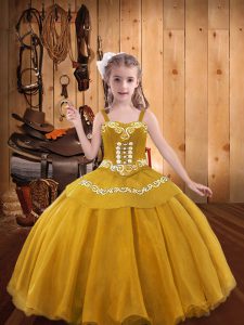 Glorious Gold Straps Lace Up Embroidery Pageant Gowns Sleeveless