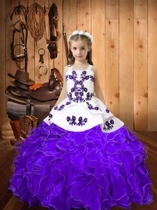 Floor Length Lace Up Girls Pageant Dresses Eggplant Purple for Sweet 16 and Quinceanera with Embroidery and Ruffles