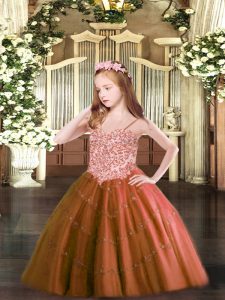 Rust Red Girls Pageant Dresses Party and Quinceanera with Appliques Spaghetti Straps Sleeveless Lace Up