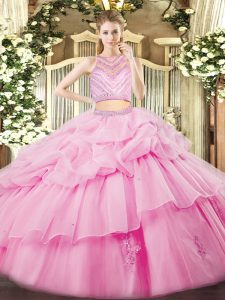 Sleeveless Floor Length Beading and Ruffles Zipper Vestidos de Quinceanera with Rose Pink