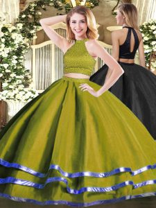 Most Popular Halter Top Sleeveless Quinceanera Gown Floor Length Beading Olive Green Tulle