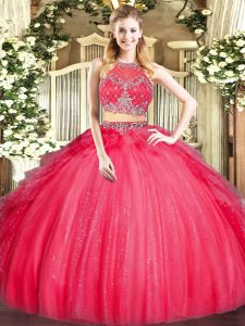 Red Vestidos de Quinceanera Military Ball and Sweet 16 and Quinceanera with Beading and Ruffles Scoop Sleeveless Zipper