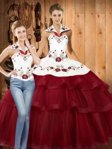 Sophisticated With Train Wine Red Sweet 16 Dress Satin and Organza Sweep Train Sleeveless Embroidery and Ruffled Layers