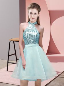 Aqua Blue Halter Top Neckline Sequins Dama Dress Sleeveless Backless