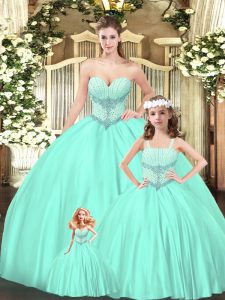 Artistic Aqua Blue Tulle Lace Up Vestidos de Quinceanera Sleeveless Floor Length Beading