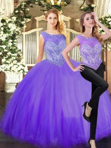 Luxurious Tulle Scoop Sleeveless Zipper Beading 15th Birthday Dress in Eggplant Purple
