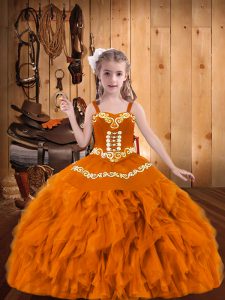 Orange Sleeveless Floor Length Embroidery and Ruffles Lace Up Child Pageant Dress