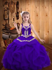 Sleeveless Floor Length Embroidery and Ruffles Lace Up Kids Formal Wear with Eggplant Purple