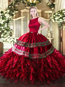 Wine Red Sleeveless Satin and Organza Clasp Handle 15 Quinceanera Dress for Military Ball and Sweet 16 and Quinceanera