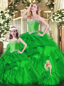 Low Price Green Vestidos de Quinceanera Military Ball and Sweet 16 and Quinceanera with Beading and Ruffles Sweetheart Sleeveless Lace Up