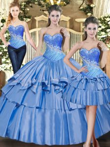 Custom Design Baby Blue Ball Gowns Beading and Ruffled Layers 15 Quinceanera Dress Lace Up Tulle Sleeveless Floor Length