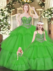 Fancy Green Sleeveless Floor Length Beading and Ruffled Layers Lace Up Quince Ball Gowns
