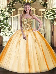 Fine Gold Sweetheart Lace Up Beading Quinceanera Gown Sleeveless