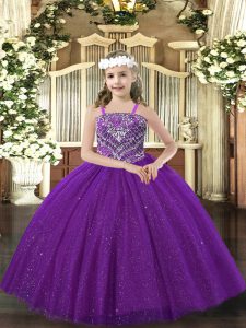 Luxurious Purple Sleeveless Floor Length Beading Lace Up Pageant Gowns For Girls