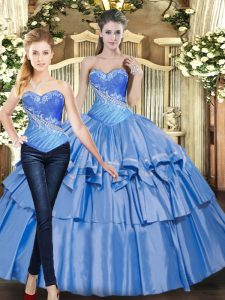 Baby Blue Sleeveless Tulle Lace Up Quinceanera Gown for Military Ball and Sweet 16 and Quinceanera