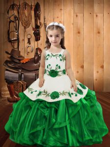 Green Ball Gowns Organza Straps Sleeveless Embroidery and Ruffles Floor Length Lace Up Kids Formal Wear