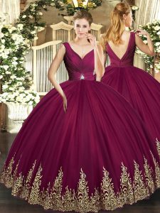 Burgundy Sleeveless Tulle Backless Quince Ball Gowns for Sweet 16 and Quinceanera