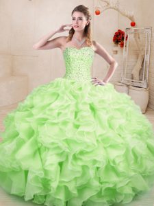 Beauteous Yellow Green Organza Lace Up Sweetheart Sleeveless Floor Length 15 Quinceanera Dress Beading and Ruffles