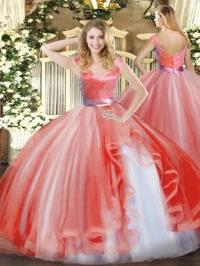 Attractive Sleeveless Organza Floor Length Zipper Quinceanera Dresses in Watermelon Red with Ruffles