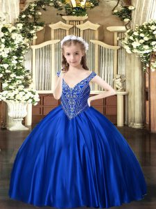 Royal Blue Lace Up Pageant Dress Womens Beading Sleeveless Floor Length