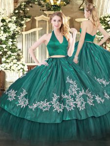 Dark Green Two Pieces Taffeta Halter Top Sleeveless Appliques Floor Length Zipper Vestidos de Quinceanera