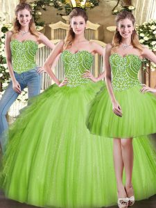 Wonderful Sweetheart Lace Up Beading and Ruffles Quince Ball Gowns Sleeveless