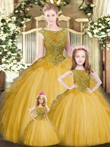 Noble Floor Length Lace Up Sweet 16 Dress Gold for Military Ball and Sweet 16 and Quinceanera with Beading and Ruffles