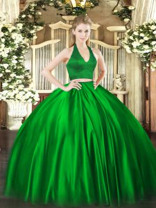 Great Two Pieces Sweet 16 Quinceanera Dress Green Halter Top Satin Sleeveless Floor Length Zipper
