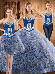 Best Selling Multi-color Three Pieces Satin and Fabric With Rolling Flowers Strapless Sleeveless Embroidery With Train Lace Up Quinceanera Dress Sweep Train