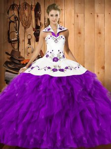 Wonderful Floor Length Eggplant Purple Quince Ball Gowns Halter Top Sleeveless Lace Up