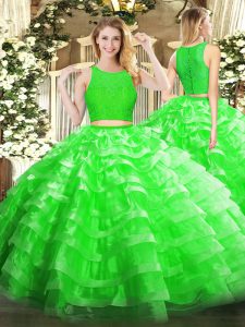 Comfortable Green Sleeveless Lace and Ruffled Layers Floor Length Vestidos de Quinceanera