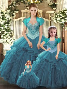Beading and Ruffles Vestidos de Quinceanera Teal Lace Up Sleeveless Floor Length