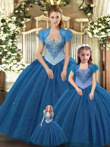 High Quality Sleeveless Tulle Floor Length Lace Up Sweet 16 Quinceanera Dress in Teal with Beading