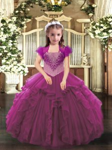 High End Fuchsia Ball Gowns Organza Straps Sleeveless Beading and Ruffles Floor Length Lace Up Pageant Dress Toddler