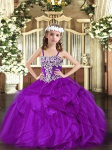 Organza Straps Sleeveless Lace Up Appliques and Ruffles Child Pageant Dress in Purple