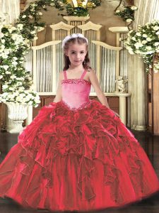 Super Ball Gowns Kids Pageant Dress Red Straps Organza Sleeveless Floor Length Lace Up