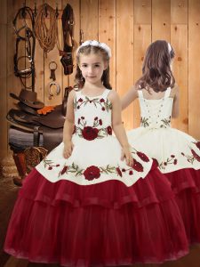 Wine Red Straps Neckline Embroidery and Ruffled Layers Little Girl Pageant Dress Sleeveless Lace Up