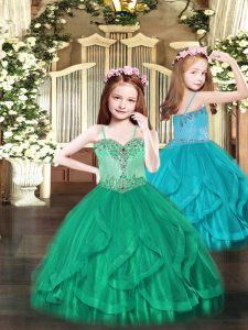 Turquoise Ball Gowns Beading and Ruffles Little Girls Pageant Dress Lace Up Tulle Sleeveless Floor Length