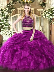 On Sale Sleeveless Floor Length Beading and Ruffles Zipper Vestidos de Quinceanera with Fuchsia