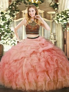 Traditional Sleeveless Organza Floor Length Zipper Sweet 16 Dresses in Baby Pink with Beading and Ruffles