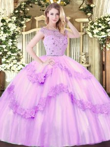 Edgy Bateau Sleeveless Zipper Quinceanera Gown Lilac Tulle
