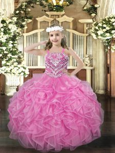 Floor Length Rose Pink Pageant Gowns For Girls Organza Sleeveless Beading and Ruffles