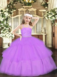 Glorious Lavender Sleeveless Floor Length Beading and Lace Zipper Pageant Dress