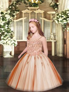 Rust Red Lace Up Spaghetti Straps Appliques Child Pageant Dress Tulle Sleeveless