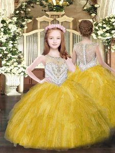 Sleeveless Tulle Floor Length Zipper Glitz Pageant Dress in Gold with Beading and Ruffles