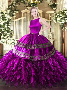 Suitable Satin and Organza Scoop Sleeveless Clasp Handle Ruffles Vestidos de Quinceanera in Fuchsia